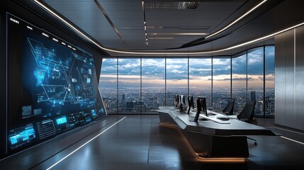 Obraz premium Futuristic office with city view and large monitor.