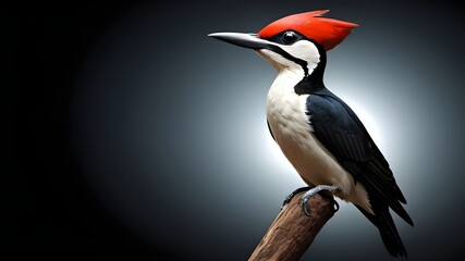  A highly detailed 3D illustration of the Imperial woodpecker, emphasizing its striking black and white plumage with a red crest