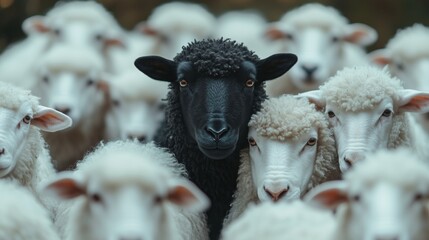 Image of a black sheep standing out among a group of white sheep