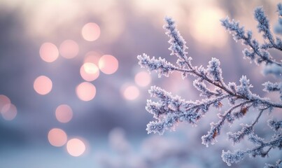 Frosted branch with bokeh background.