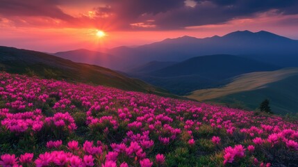 Obraz premium Vibrant Pink Blossoms in a Serene Mountain Landscape at Twilight