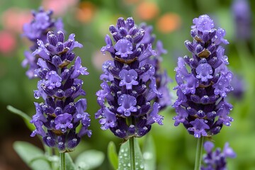 Vibrant Lavender Blooms with Dew in a Lush Garden Setting