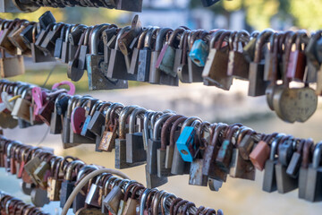 Love lock hung on bridge in prague, prague, budapest, europe to represent love