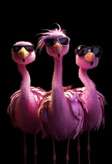 Three pink flamingos wearing sunglasses on a dark background, fun summer party vibe