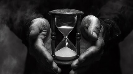 Hands holding an hourglass symbolizing the passage of time with a dramatic black and white effect.