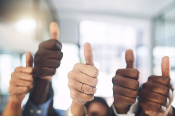 Business people, hands and thumbs up for support, teamwork and collaboration with success in office. Employees, trust and approval gesture in workplace for thank you, achievement and agreement emoji