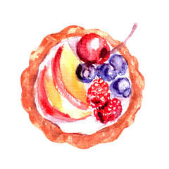 Hand drawn watercolor sweet dessert illustration. Fruit tartlett with peach slices, blueberries, raspberry, cherry, cream filling.
