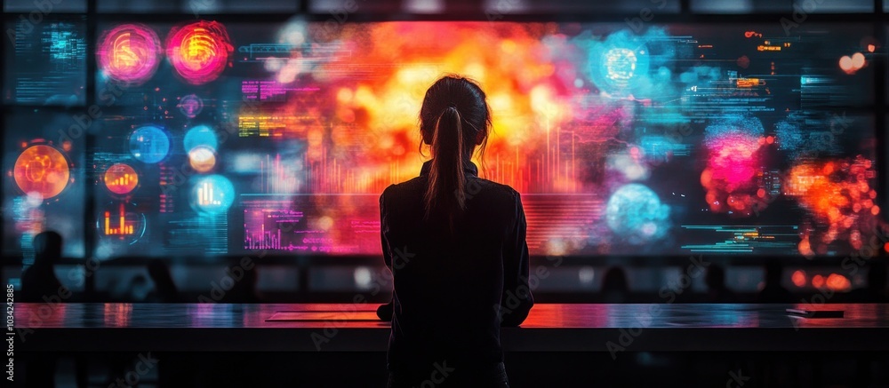 Poster a woman stands in front of a large screen displaying colorful data and graphics.