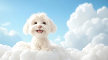 Cute white dog sitting happily on fluffy clouds against a blue sky.