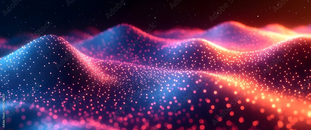 Poster vibrant digital backdrop with abstract iridescent patterns and dispersed morphing elements ideal for