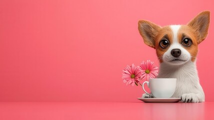 Puppy holding a cup of tea, snarky expression, 3D illustration