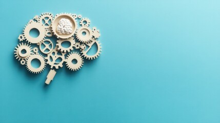 Innovative Wooden Brain Gears on Blue Background Symbolizing Creative Thinking