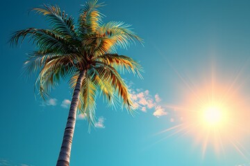 Tropical Oasis: Palm Tree Under Radiant Sunlight for Summer Vacation Theme