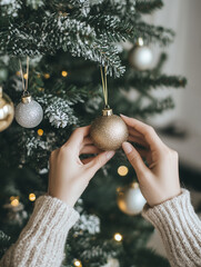 Christmas tree decoration. Female hands holding Christmas ornament golden glitter ball.