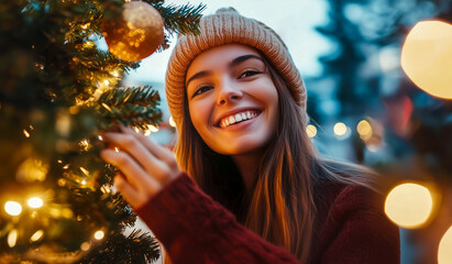 Closeup portrait of a young woman smiling. Christmas tree and lights.