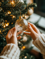 Christmas tree decoration. Female hands holding Christmas ornament glass golden glitter ball.