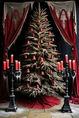 antique Christmas tree stands tall, its once-luminous branches with red bells now shrouded in a thick layer of dust and cobwebs, with candles at each side 