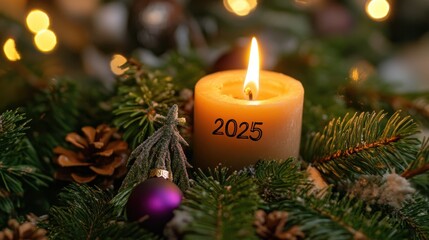 Candle with 2025 marking on festive arrangement