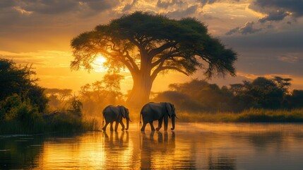 Obraz premium Elephants walk along a serene river at sunset, with a large tree silhouetted against a vibrant sky in the African wilderness.