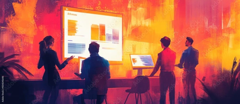 Aufkleber a team of four professionals analyze data on a large screen while standing around a table in an offi