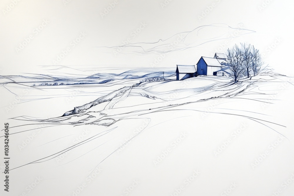 Poster simple smock mill drawing, with minimalist lines and subtle textures