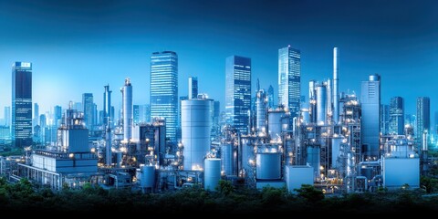 Industrial Cityscape with Skyscrapers and Chemical Plant at Night