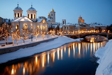 Fototapeta premium Snow-covered Old Town of Vilnius, Lithuania, with warm lights glowing from medieval buildings