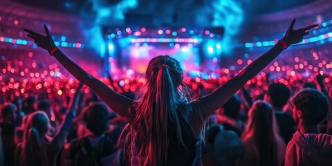 Excited crowd at a vibrant concert with colorful lights, capturing the energetic atmosphere and joyful celebration of live music performance.