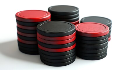 3D render of colorful stacked poker chips on a white background