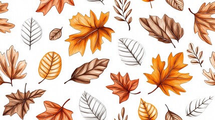 Obraz premium A colorful arrangement of various autumn leaves in shades of orange, brown, and white, set against a clean backdrop.