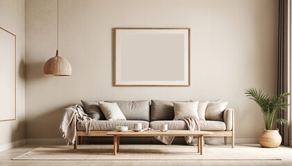 Modern Villa Mock Up Frame in Home Interior, Scandi-boho Beige Neutral Syle