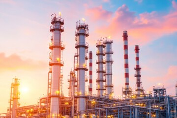Obraz premium Industrial landscape at dusk a stunning view of refineries with towering smoke stacks against a beautiful sunset sky
