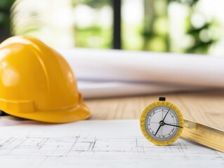 Closeup of engineer s hand holding a compass and measuring blueprint, detailed technical drawing on wooden desk