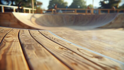 A wooden skate park with the camera placed on an empty skateboard ramp.