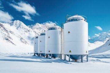 Obraz premium Modern industrial storage solutions in a snow-covered mountain landscape a glimpse into advanced technology and nature's beauty