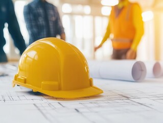 Team of engineers gathered around a large blueprint, industrial design sketches spread out on table, teamwork in progress