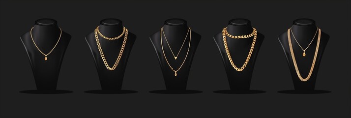 Set of golden necklaces on black mannequin stands, isolated on a dark background.
