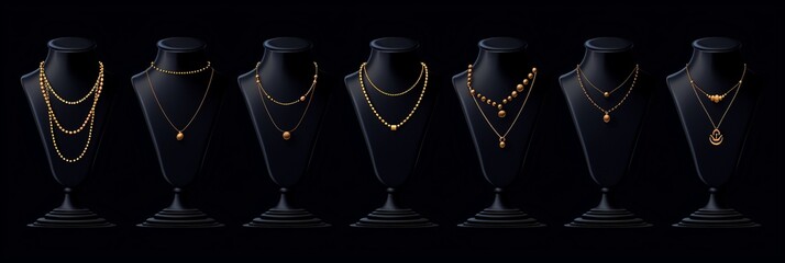 Set of black mannequin necklaces, illustration black background, gold chains