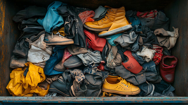 A Discarded Collection of Old Shoes and Clothing Piled Together in a Charity Donation Bin