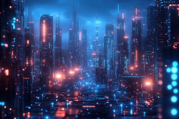 Futuristic cityscape with neon lights and towering skyscrapers. A mesmerizing view of a digital and futuristic city during nighttime.