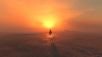Obraz premium Silhouette of a person walking toward a vibrant sunset in a misty landscape.