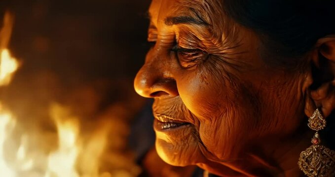 Elderly indian woman with traditional earrings gazes serenely at a fire, embodying warmth and contemplation in the night