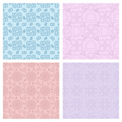 Set of abstract seamless patterns with letters A B C D in soft colors for backgrounds, wallpaper, social media, textile, cover.