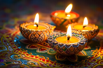 A vibrant and colorful abstract digital background celebrating Diwali, featuring traditional elements like lamps (diyas), patterns, and bright colors


