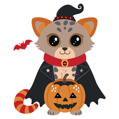 Cat in Vampire Costume. A cute cat dressed as a vampire, holding a pumpkin. Perfect for Halloween projects, invites, or decorations!