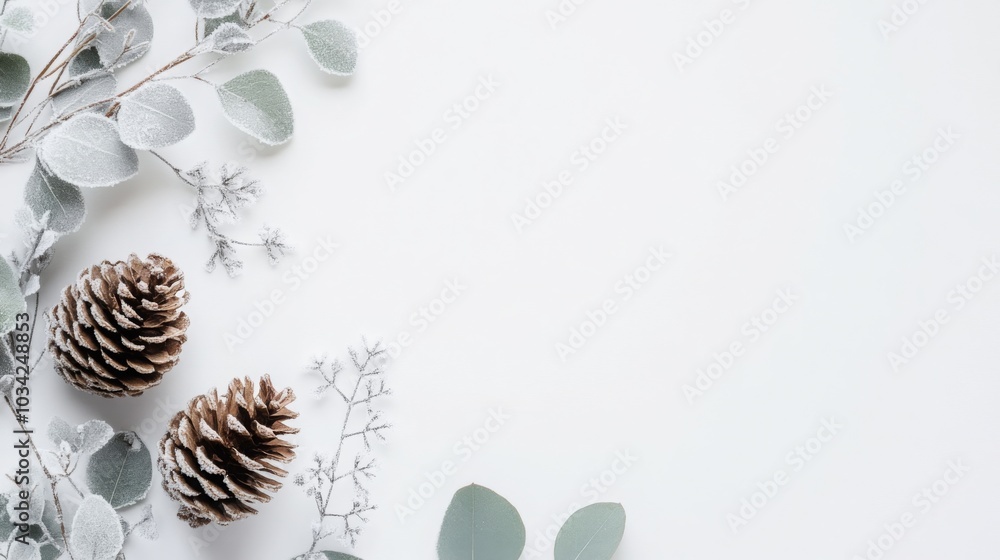 Poster pine cones and eucalyptus leaves are arranged artistically against a light background, creating a se