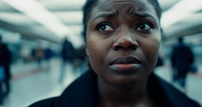 Young woman waiting in a crowded public transportation station, feeling overwhelmed by anxiety and surrounded by commuters