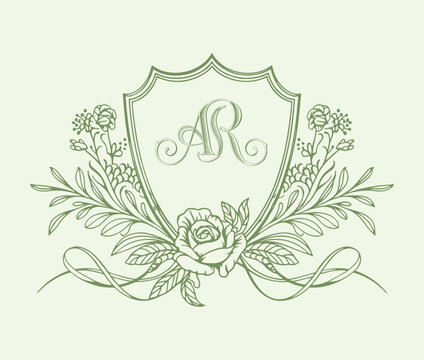 Wedding monogram crest design. Vintage wedding monogram design. AR wedding initial.

