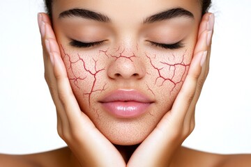 Visible capillaries under thin skin, especially around the nose and cheeks