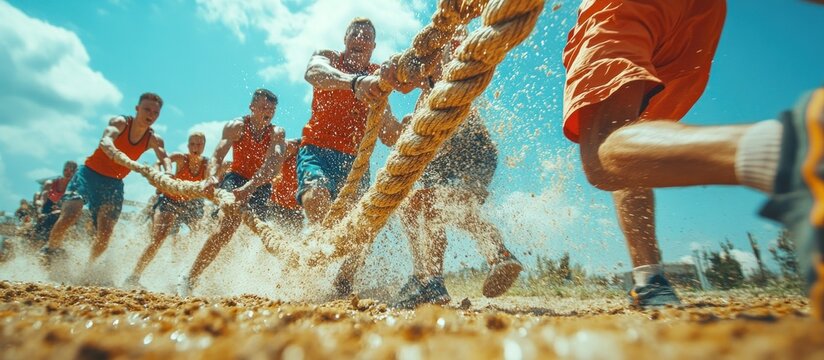 Low angle shot of men pulling a thick rope during a mud run, water splashes from their feet.